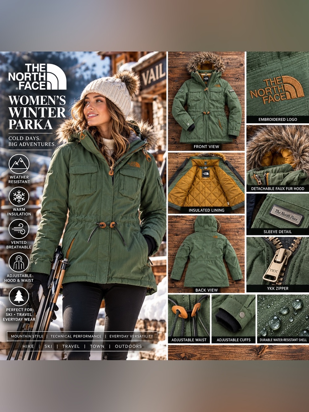 The North Face Baker Deluxe Women XS HyVent Ski Jacket Green Faux Fur Hood Y2K